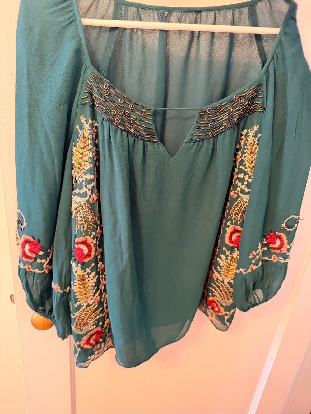 Embroidered Teal Peasant Blouse - Women Tops